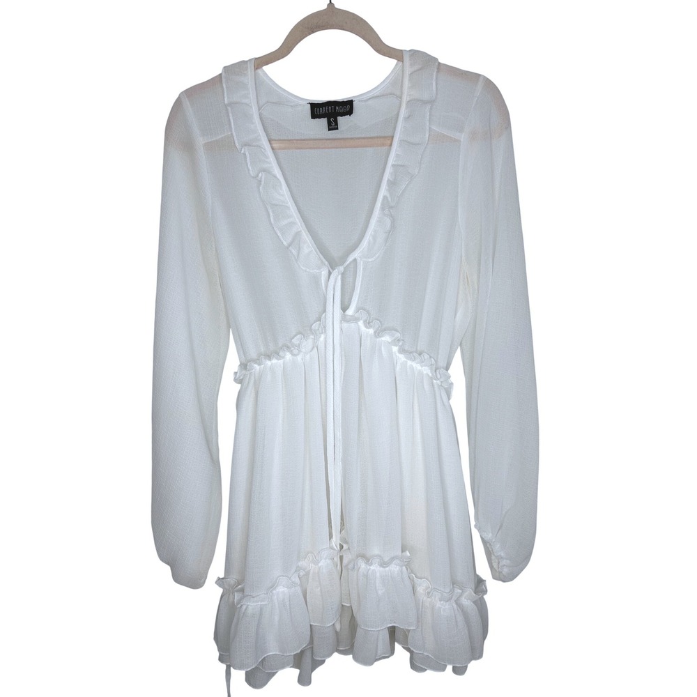 Current Mood White Sheer Ruffle Tie Front Mini Dress Womens Small Coquette‎